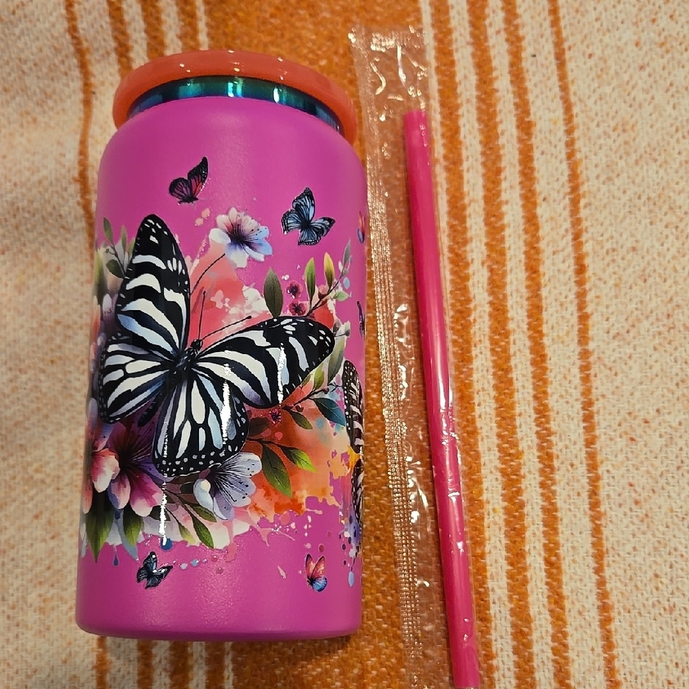 Pink Butterfly Floral Tumbler with Straw
